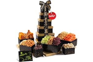 NUT CRAVINGS Gourmet Collection - Christmas Treats Tower Dried Fruit & Nuts Gift Basket with Happy Holiday Ribbon (12 Assortments) Xmas Treats Food Arrangement, Healthy Snack Care Package, Kosher