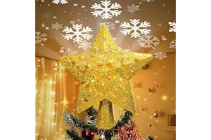 Bee Elf Christmas Star Tree Topper with Built-in Led Snowflake Projector Lights Hollowed Pentagram Tree Topper,Christmas Tree Decoration for Indoor Offices （Golden）