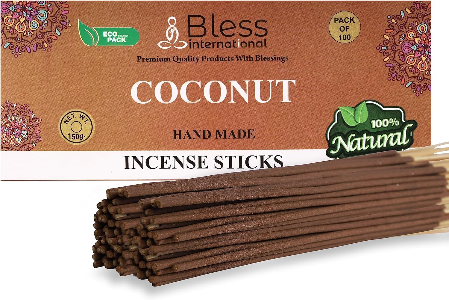Bless-COCONUT Incense Sticks - 100% Natural, Handmade, Hand-Dipped, Organic, Chemicals-Free - For Purification, Relaxation, Positivity, Yoga, Meditation - The Best Woods Scent (100 Sticks, 150GM)