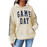 NEWWEN Game Day Sweatshirt Women Football Graphic Shirt Football Mom Waffle Knit Hoodie Game Day Long Sleeve Pullover Tops