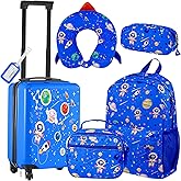 Redbaker 6 Pcs Kids Luggage Set 17 Inch Kids Rolling Luggage Double Pattern Suitcase for Girls Boys School Gift(Light Blue,As