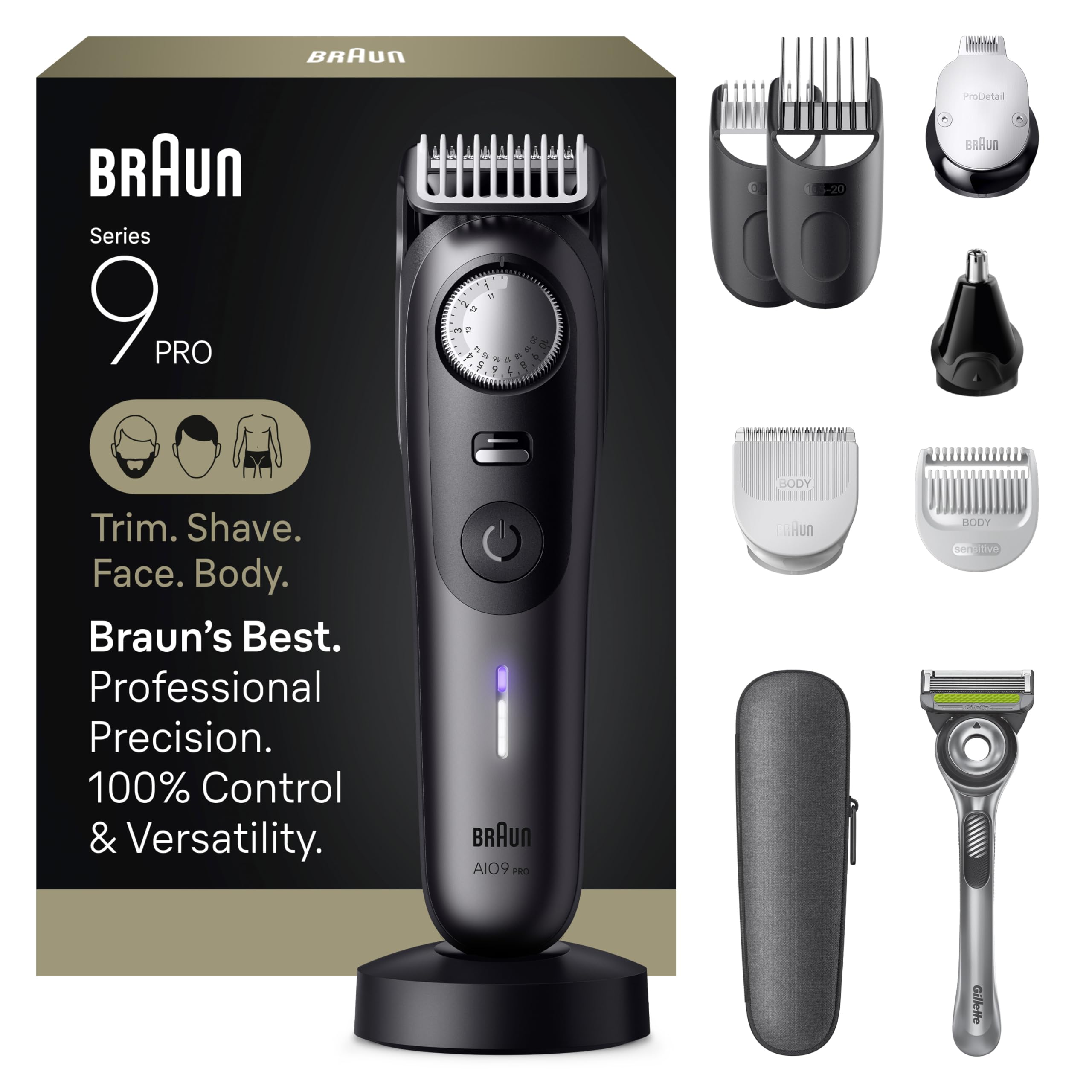 Photo 1 of Braun All-in-One Series 9 PRO Beard and Body Trimmer, AIO 9555 for Men with Gillette Labs Razor, Cordless Grooming System with Precision Length Control, Rechargeable Electric Facial Hair Tool