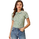 Allegra K Women's Peter Pan Collar Shirts Button Front Vintage Floral Blouse Top