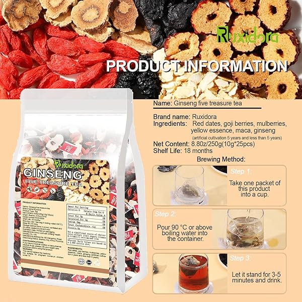 GINSENG FIVE TREASURES TEA KIDNEY TEA | 25 ORGANIC TEA BAGS,TRADITIONAL CHINESE HERBS BLEND | NATURAL WELLNESS SUPPORT WITH RED DATES & WOLFBERRY | CAFFEINE-FREE & ADDITIVE-FREE