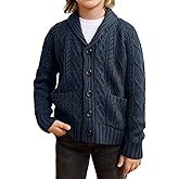 rrhss Boys Cable Knit Cardigan Sweater Kids Button Down Shawl Collar Outwear Sweater with Pockets 3-12 Years