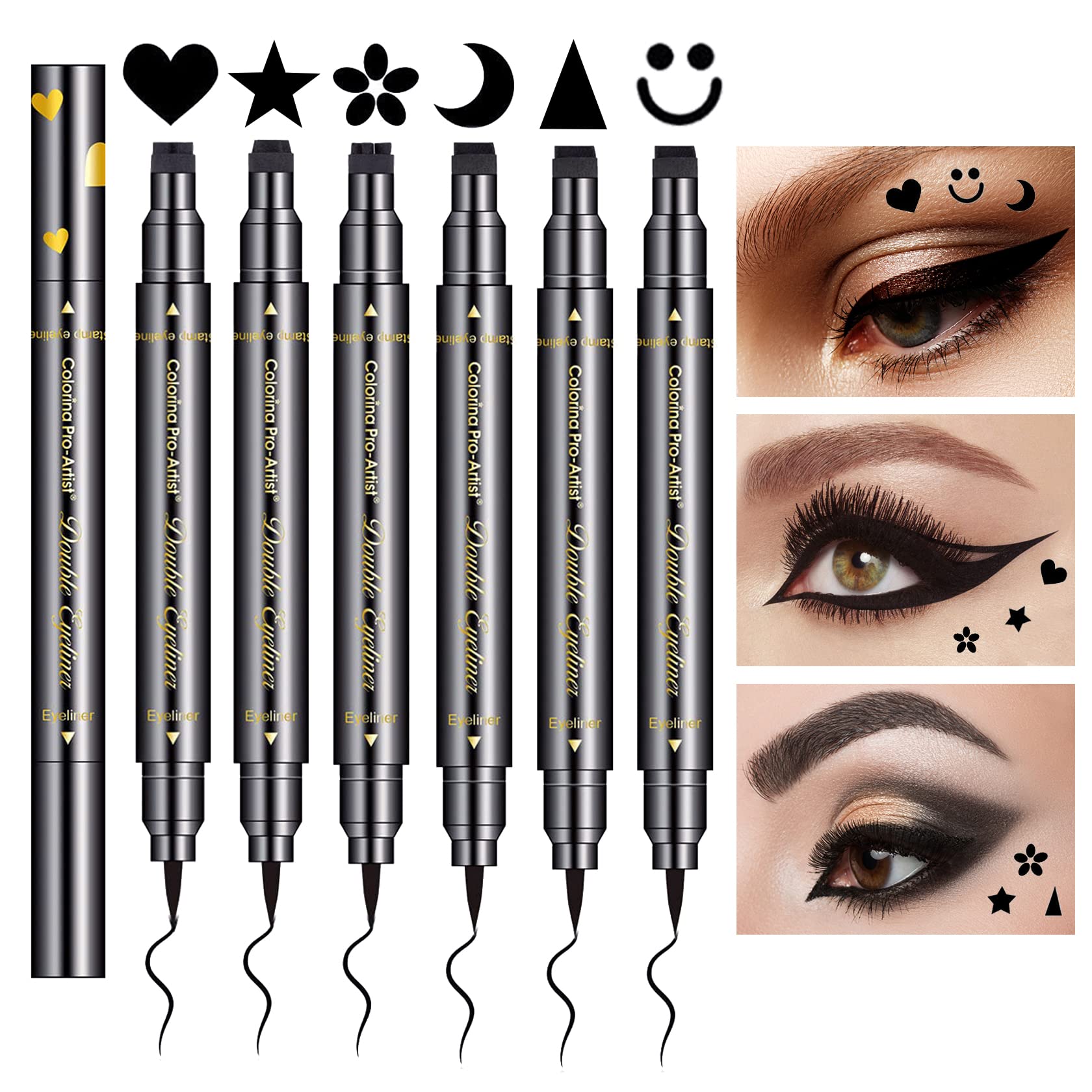 6pcs Liquid Eyeliner Stamp Set,Double-headed Eye Liners for Women Girls Waterproof Smudgeproof Long Lasting-Love, Flowers, Moon, Stars, Smiley, Triangles