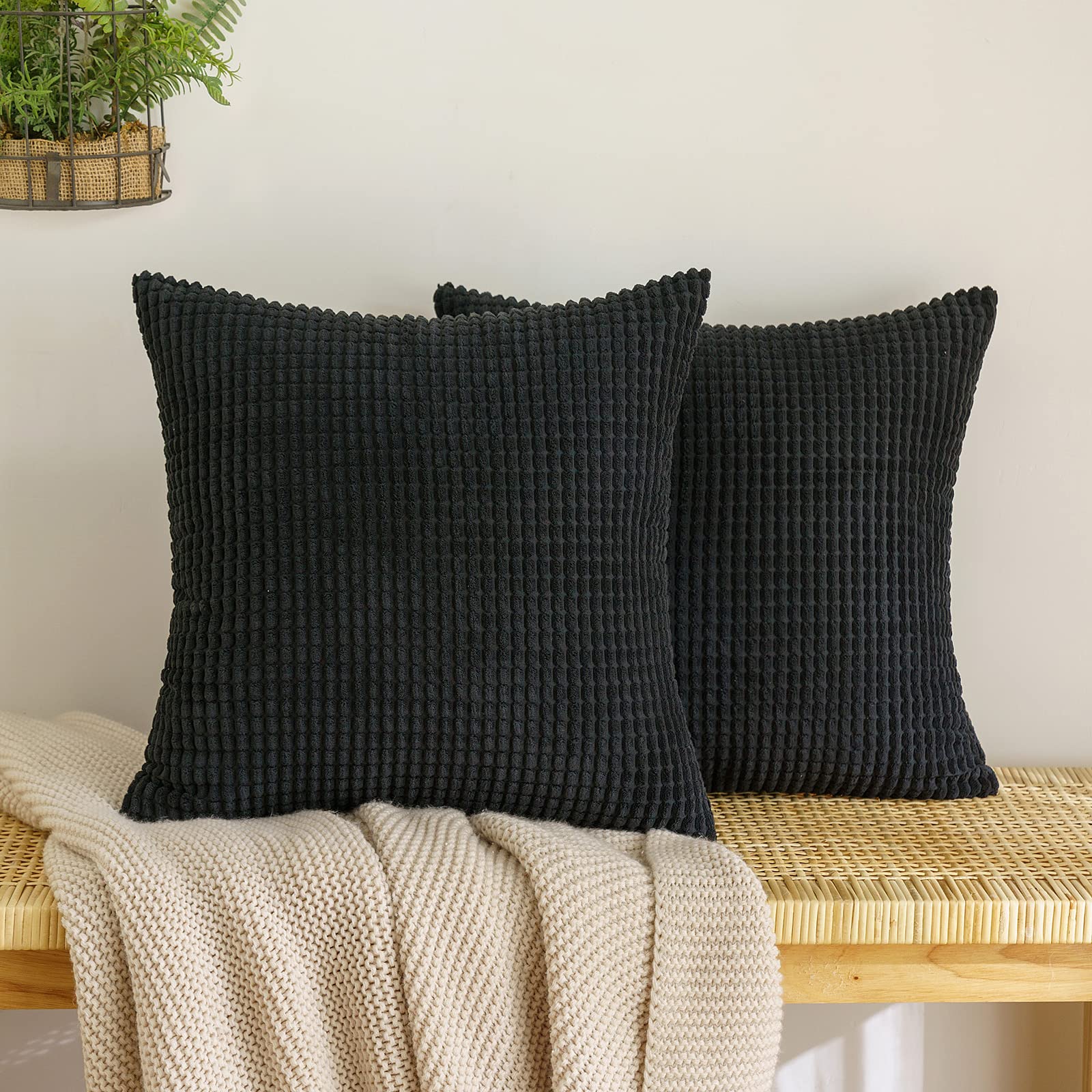 EMEMA Corduroy Granule Throw Pillow Covers Decorative Cushion Covers Square Soft Pellets Solid Pillowcase for Sofa Bedroom Balck 18x18 Inch 2 Pieces