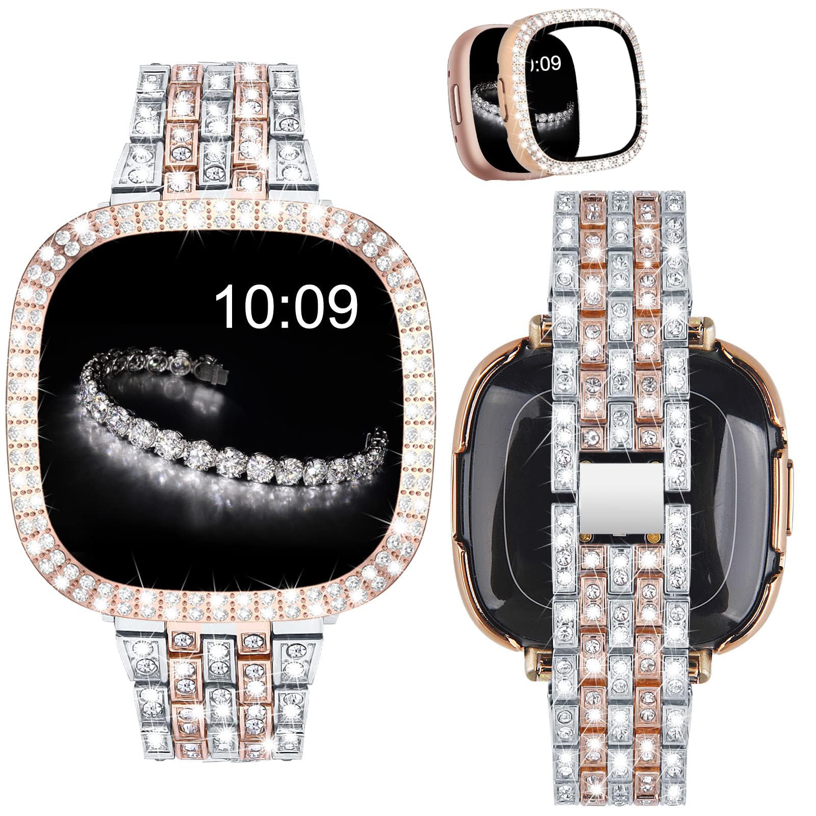 VISOOM Diamond Strap Compatible with Fitbit Versa 3 / Sense Straps for Women, Cute Bling Bracelets Metal Watch Band and Rhinestone Protective Case for Fitbit Watch - Silver&Rose Gold
