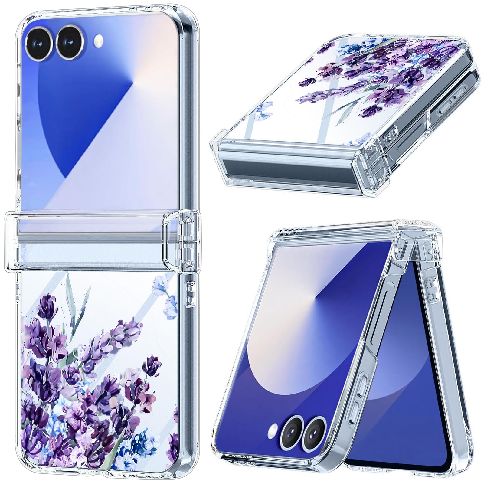 FCSWEET for Samsung Galaxy Z Flip 7 Case with Hinge Protection,Clear Floral Lavender Shockproof Protective Hard PC Slim Floral Women Phone Case for Z Flip7 - Purple Lavender
