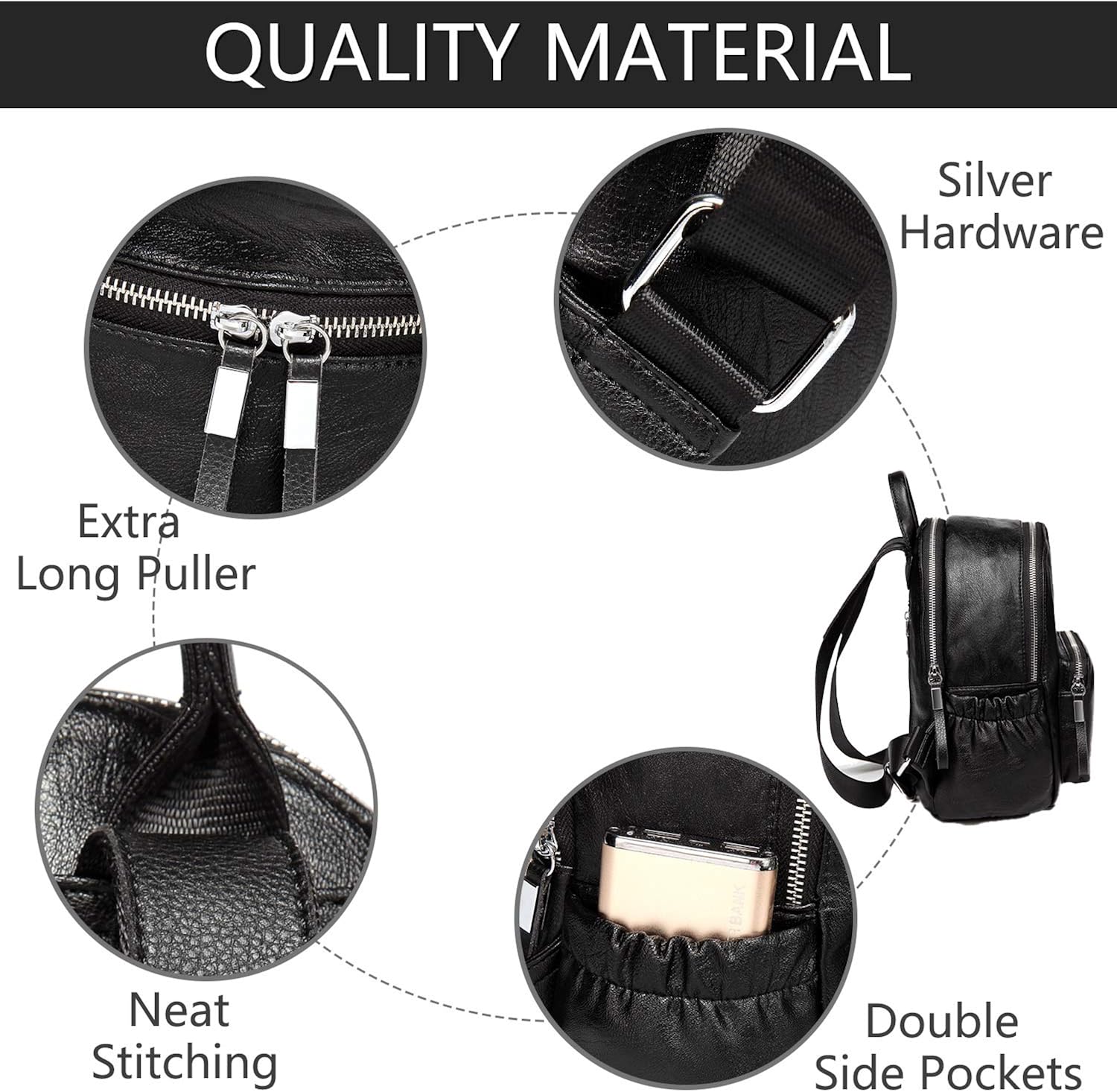 VASCHY Women's Backpack, Mini Backpack PU Leather Waterproof Fashion Small Casual Backpack Travel Backpack, Black, S, Backpacks - Image 5