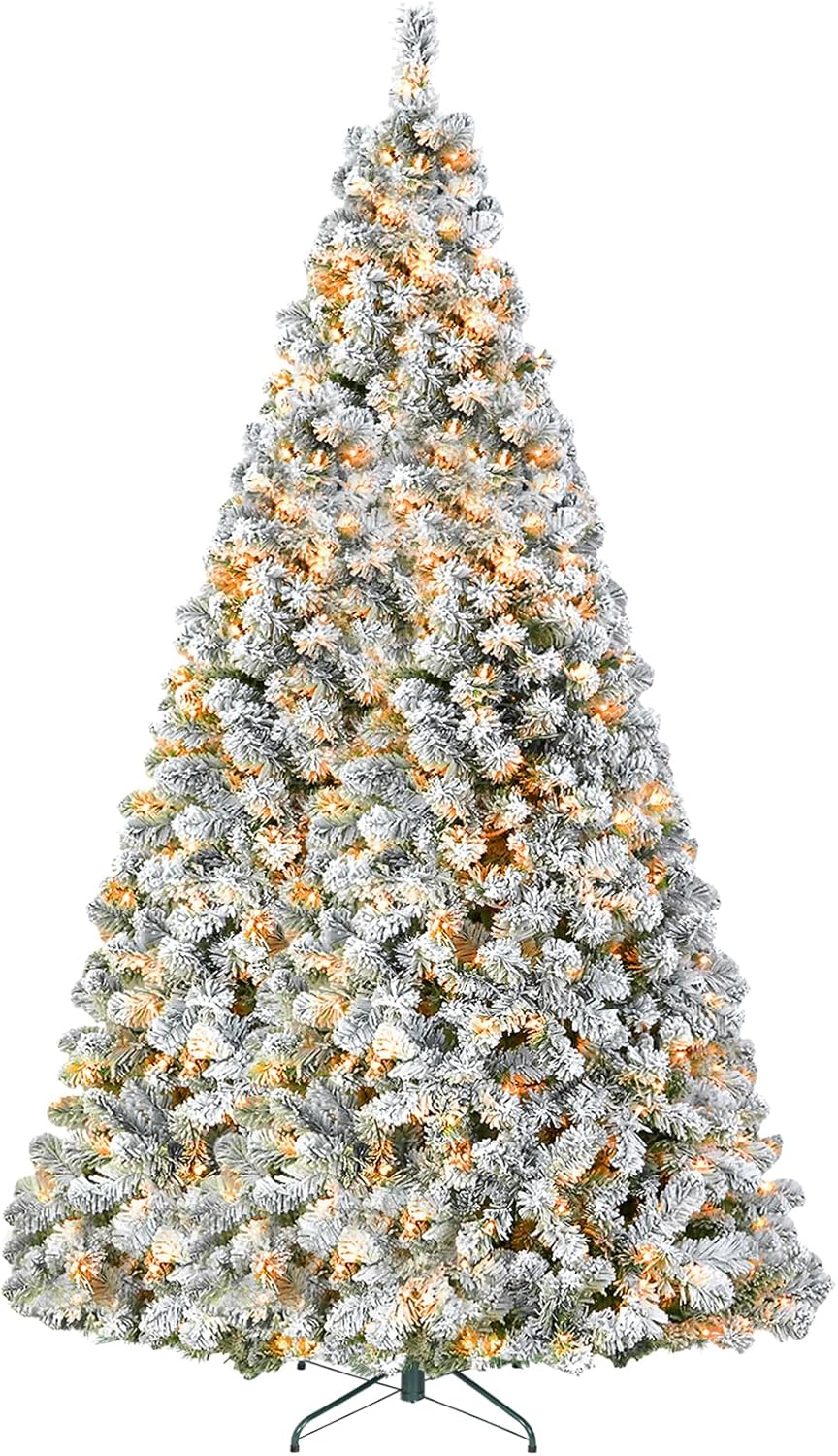 Trees - Hykolity 6 ft Prelit Snow Flocked Christmas Tree, Artificial Christmas Tree with 250 Warm White LED Lights, 551 PVC Branch Tips, Easy Assembly with Metal Stand and Hinged Branches