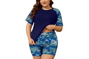 COOTRY Womens 2 Piece Plus Size Rash Guard Swimwear Short Sleeve Swimsuits Bathing Suit Swim Shirt and Shorts UPF 50+