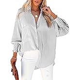 HOTEVE Women's Wrinkle-Resistant Smocked Cuffed Striped Button Shirt with Pocket Oversized Casual Boyfriend Blouse