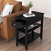 ChooChoo Side Table Living Room with Drawer and Shelf | Narrow End Table, 3-Tier Sofa End Table, Small Space, Black