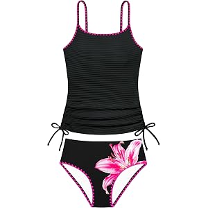 Girls Tankini Swimsuit 2 Piece Set Unique Edge Girl Bathing Suit with Drawstring + Swim Briefs Swimwear Set for 9-16Y