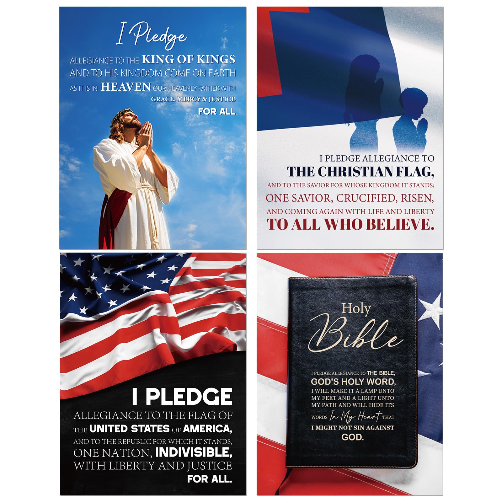 Photo 1 of AmazingSpark 4 Pcs Religious Pledge Poster Set 22 x 17 Inches Pledge of Allegiance Christian Flag and Your Love to America and God Learning Chart Bible Poster for Sunday School Religious Decor