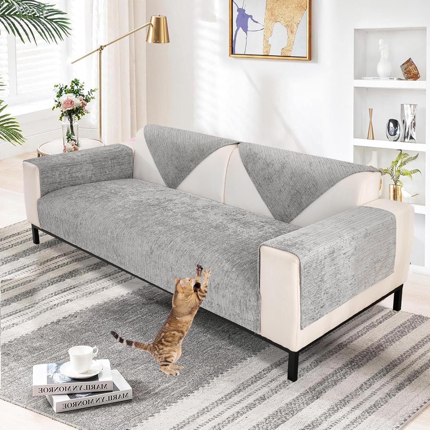 Topchances Chenille Sofa Cover 1 2 3 Seater,Washable Sofa Slipcovers Non-Slip Seat Cushions with Silicone Particles All-Seasons Apply to Dogs Cat Pet Living Room Cushions(Grey,70x150cm 1 Piece)