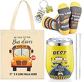 FoldTier 4 Pcs School Bus Driver Gifts Appreciation Gifts for Women Men 12 oz Stainless Steel Bus Driver Tumbler and Lids Funny Canvas Bag Keychain Socks(Gray Yellow,Eggshell Tumbler)