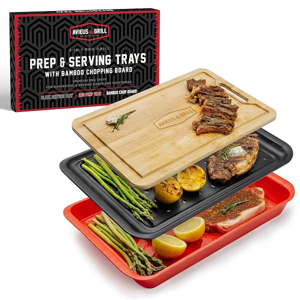AVIEUS GRILL PREP AND SERVING TRAYS | SET OF 3 STACKABLE, MELAMINE TRAYS WITH BAMBOO CUTTING BOARD | TRAYS FOR MARINATING, SERVING & CHOPPING | SERVING PLATTER FOR PLATING FOOD & BBQ PREP TUB |