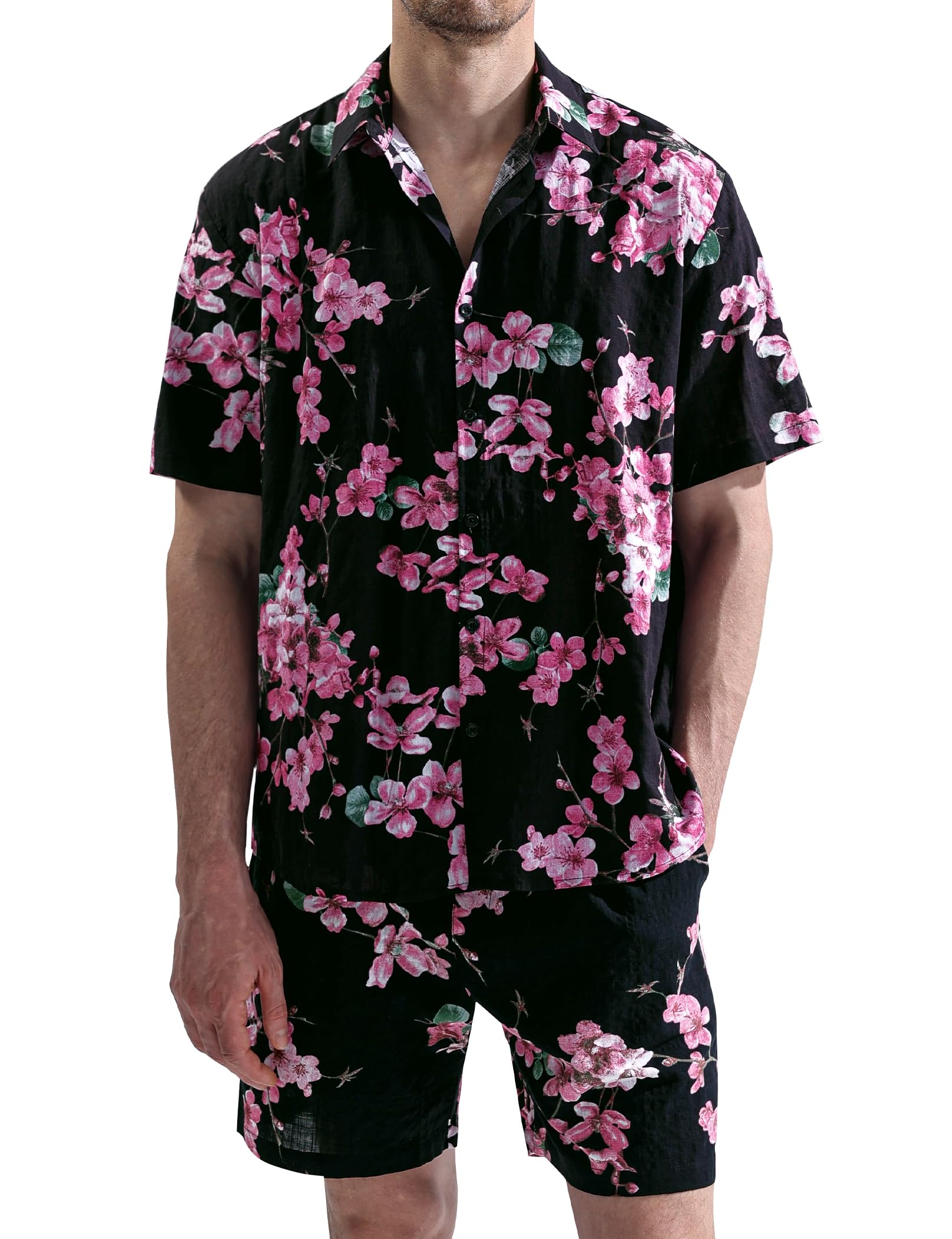 Photo 1 of JOGAL Men's Flower Casual Button Down Short Sleeve Hawaiian Shirt Suits Black Rose Small