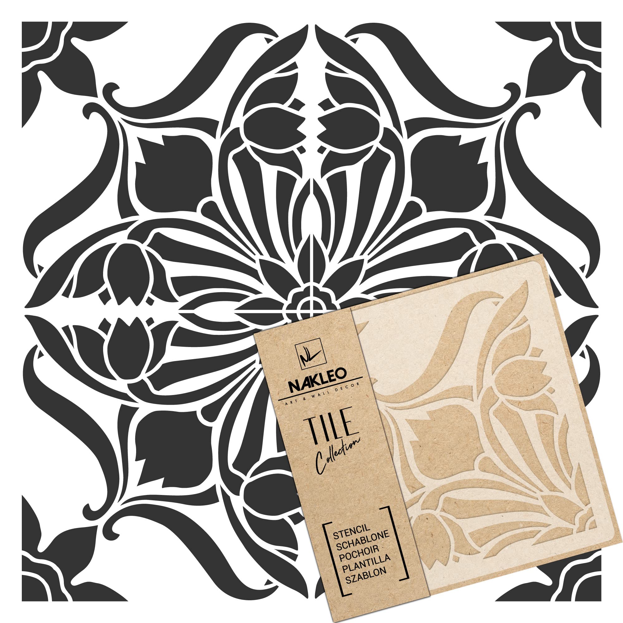 NAKLEO Tile Painting Stencil 20x20 cm, Art Nouveau Deco Flower Geometric, Plastic Reusable Template, Home Decor Craft DIY, Floor Concrete Patio Wall - Terracotta