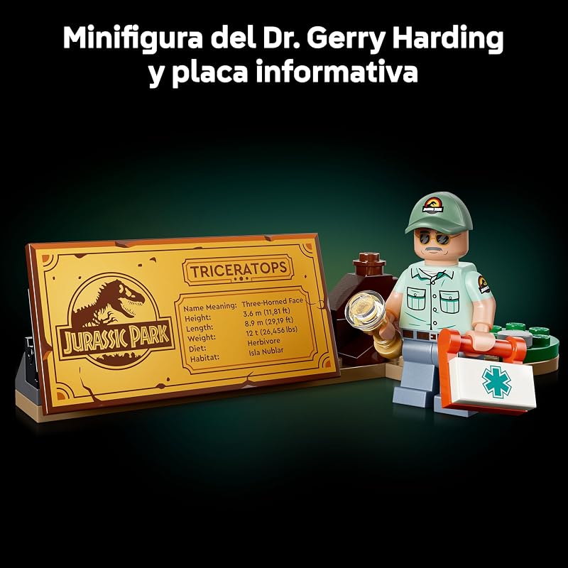 Jurassic World Fósiles de Dinosaurio: Triceratops - Kit de Maquetas para Adultos con Minifigura de Dr. Gerry Harding - Decoración para la Estantería - Regalo Fans de Parque Jurásico - 77985