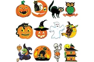 DUAIAI Vintage Halloween Decorations - 12 Piece Large Size Cutouts, Durable Cardboard Classic Artwork Cut Outs Old Style Halloween Elements for Window Wall Decor