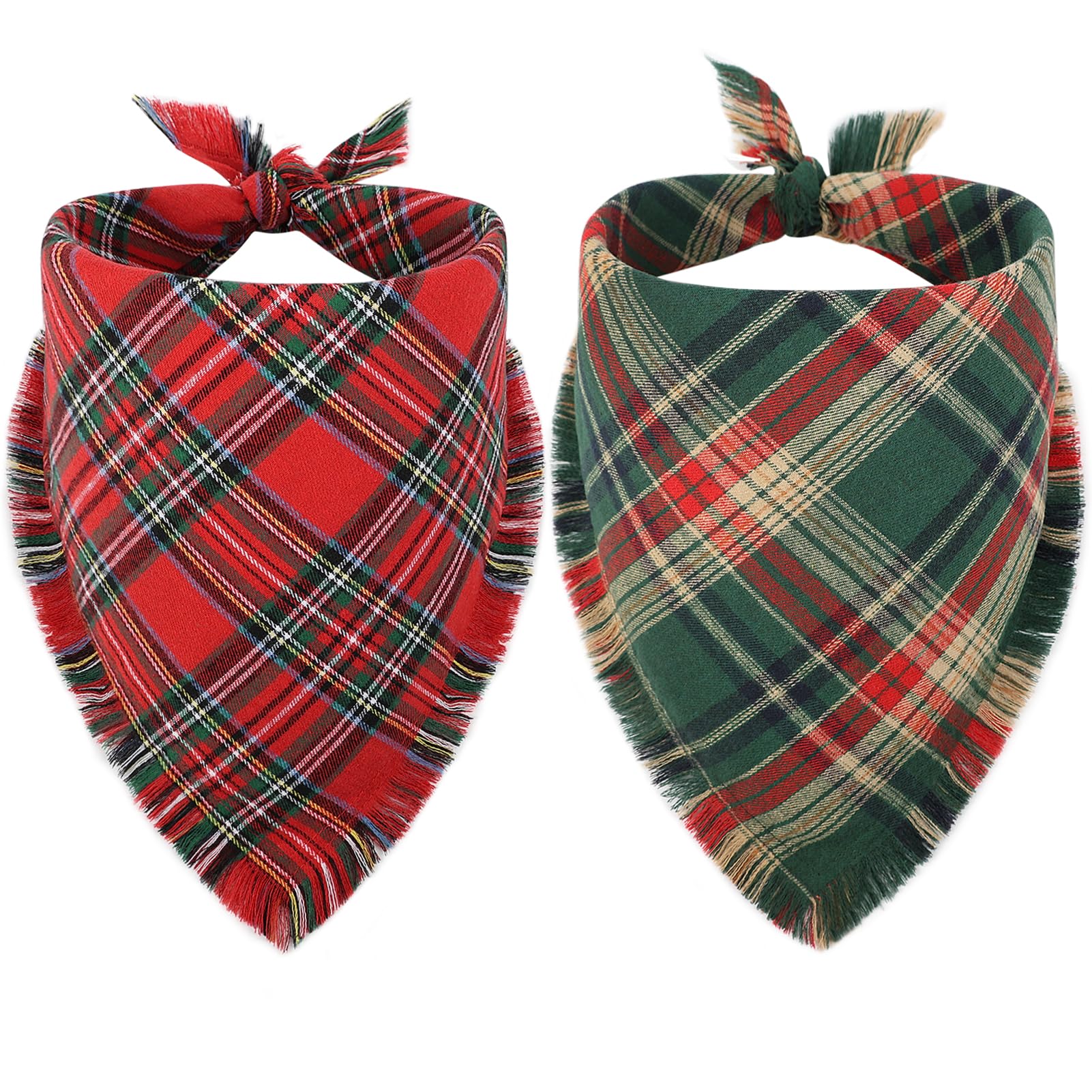 Vivifying Dog Christmas Bandanas, 2Pcs Adjustable Triangle Dog Bandana with Fringed Chequered Print,Dog Christmas Costume for Small Medium Dogs (X-Large,Green&Red)