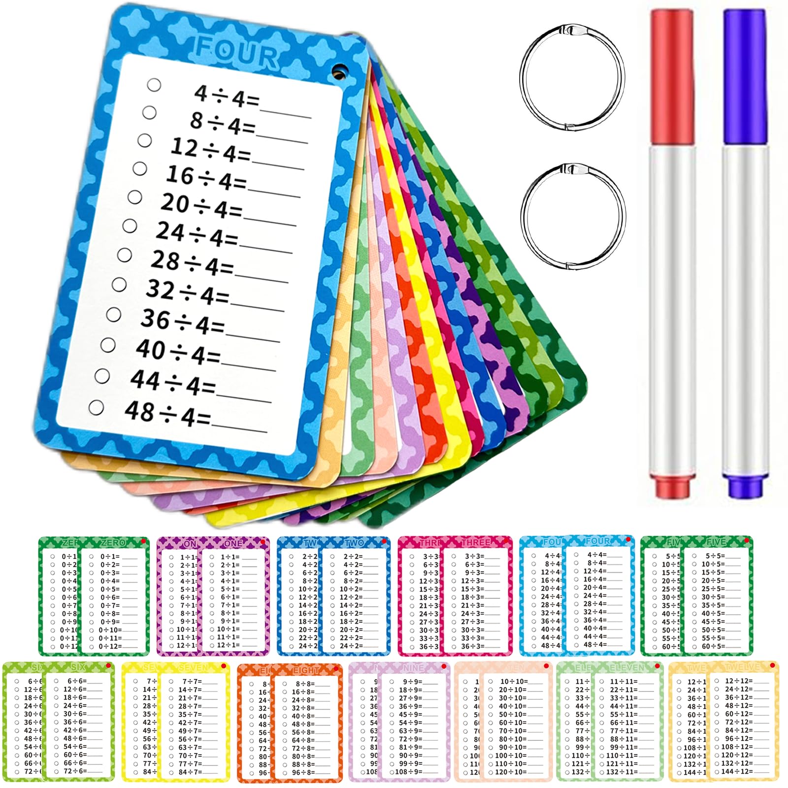Photo 1 of 13 Pcs Division Flashcards 0-12, Educational Times Table Flashcards with 2 Dry Erase Markers 2 Rings Division Chart Math Flashcards for 1st to 3rd Grades Fun Math Game Classroom Learning Supplies x2