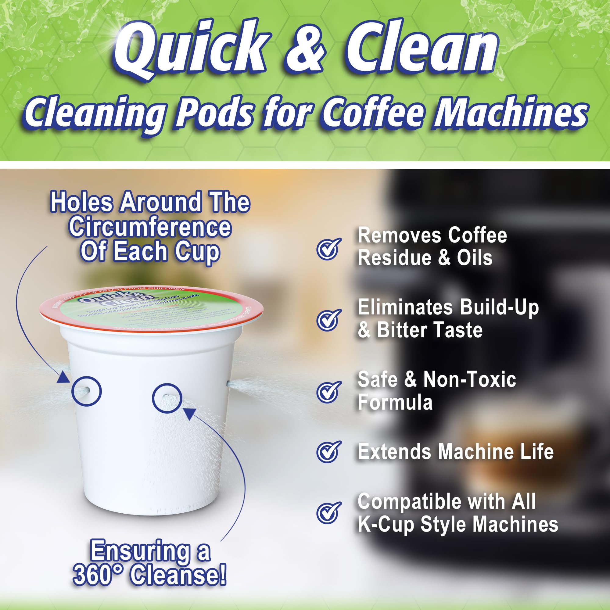 Quick & Clean [6-Pack] Keurig Cleaning Pods - K Cup Cleaner Pod For Keurig - 2.0 Coffee Machine Compatible, Removes Stains, Non-Toxic and Eco-Friendly