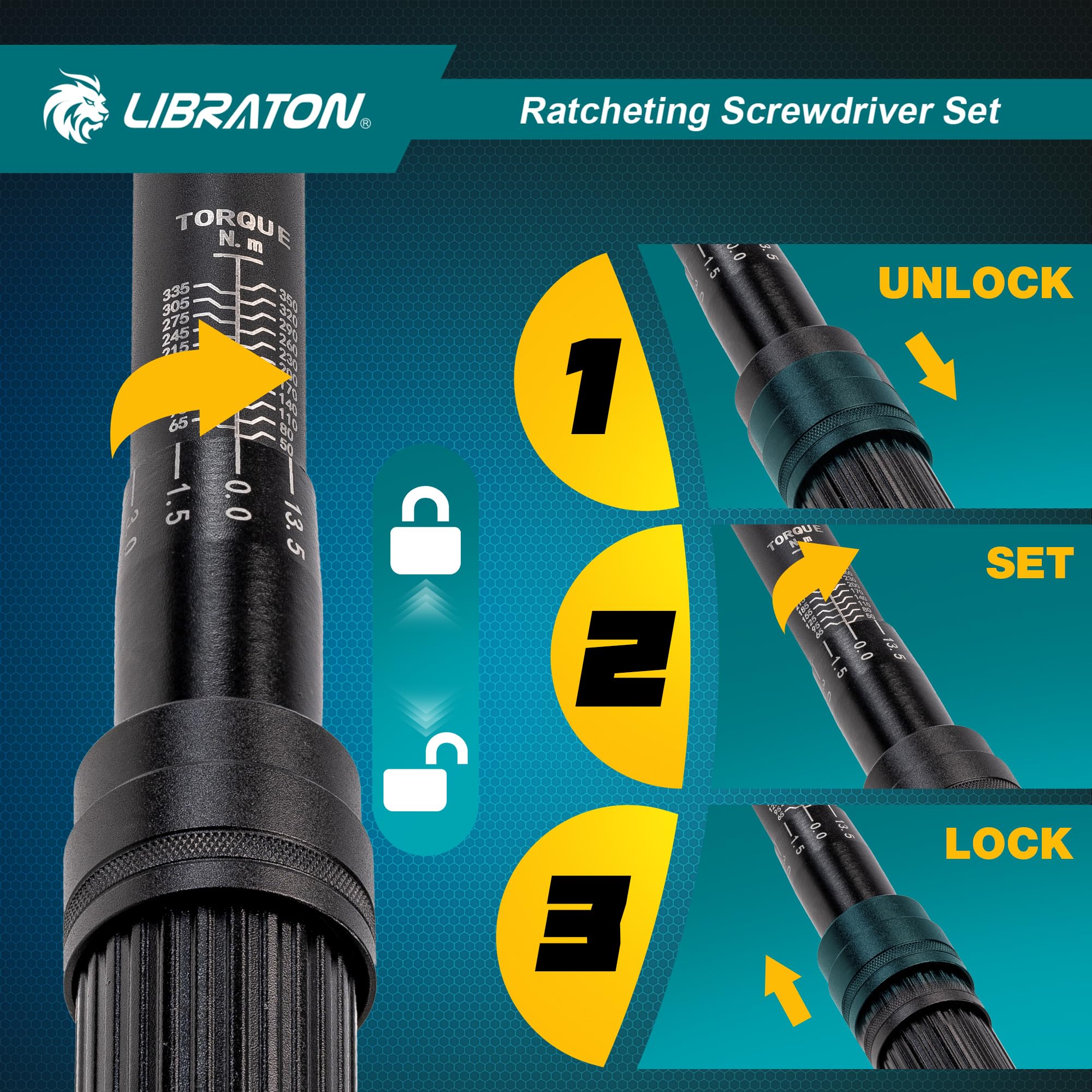 LIBRATON Drehmomentschlüssel 1/2 Zoll, 50–350NM, Drehmomentschlüssel Auto ±3% Genauigkeit, Gelenkgriff 1/2 Zoll, 72-Zahn-Dual-Direction Verstellbarer Drehmoment für Auto, Motorrad Reparatur 5