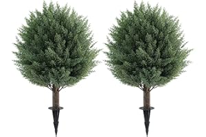 JOYPOWER 21'' Artificial Cedar Topiary Ball Trees with Ground Spike, 2 Pack Artificial Shrubs, UV Resistant Fake Plant Brush for Indoor Outdoor Front Porch Garden