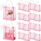Sayglossy 24 Pcs Clear Pink Gift Bags with Handles 6.1 x 5.9 x 2.8 Inch Wedding Transparent Glitter Tote with Ribbons Reusable PVC Gift Wrap Bags for Baby Bridal Shower Birthday Party