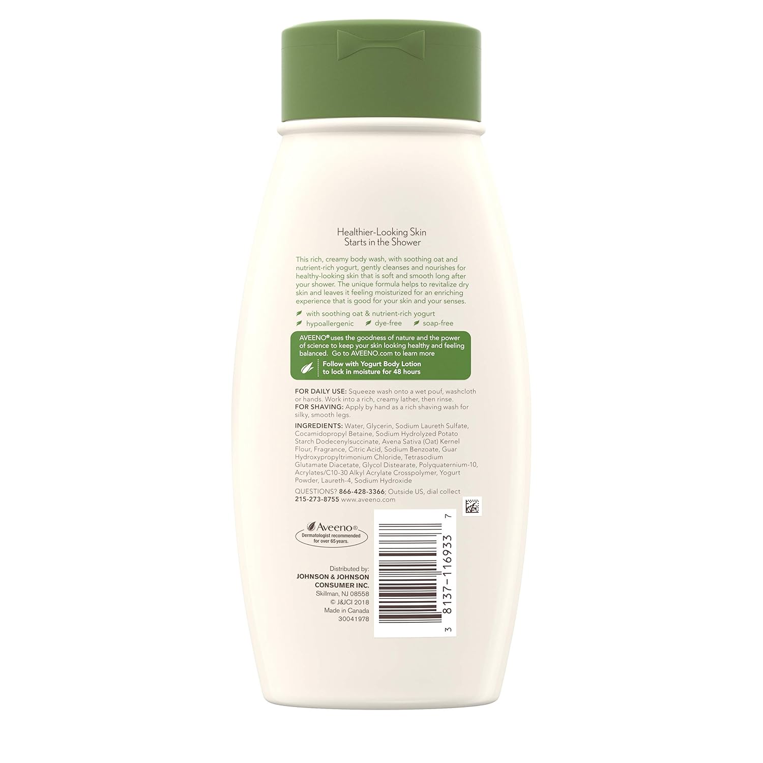 Aveeno Daily Moisturizing Yogurt Body Wash for Dry Skin with Soothing Oat & Vanilla Scent, Gentle Body Cleanser, 18 fl. Oz (Pack of 3) : Beauty
