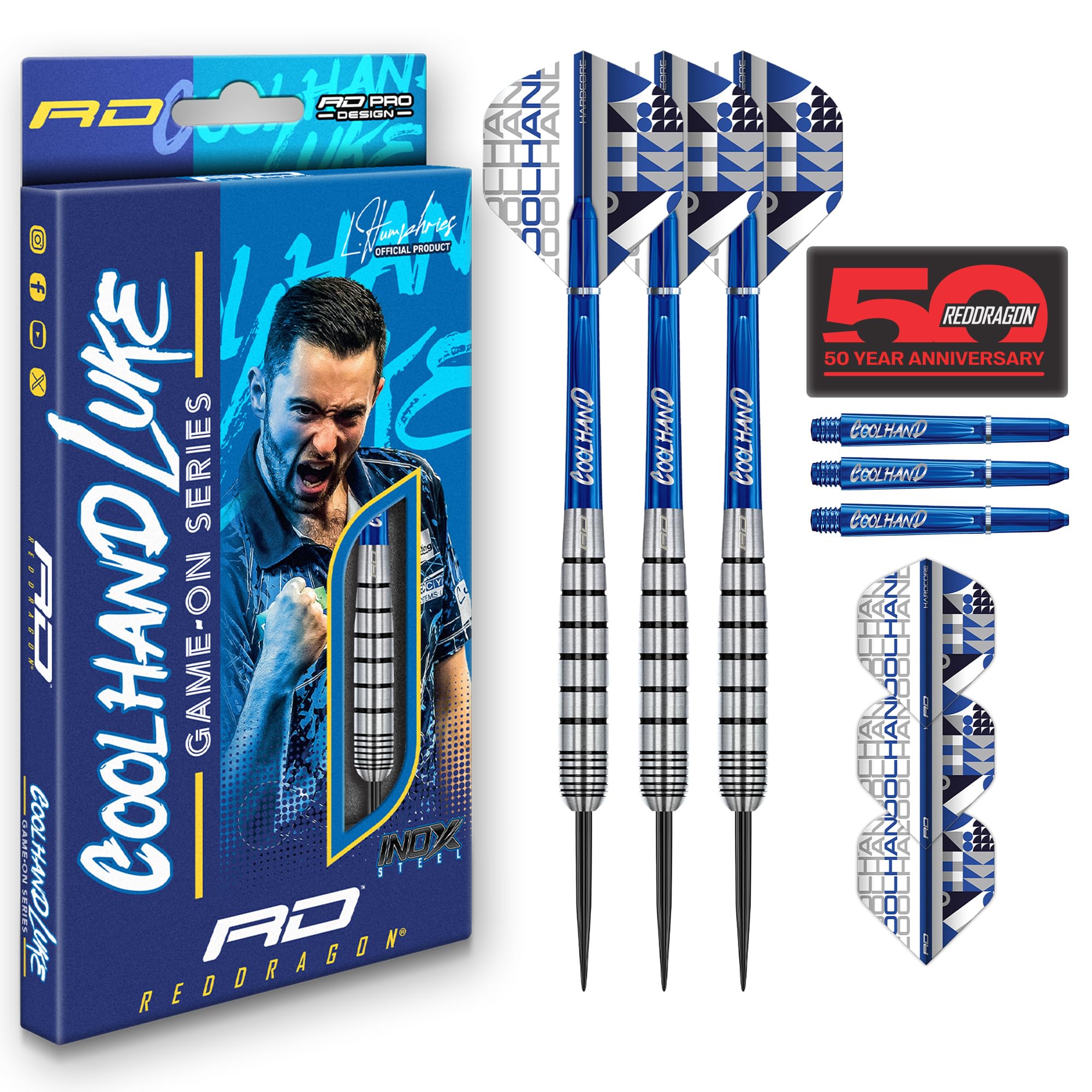 RED DRAGON Luke Coolhand Humphries Game On Series 20g Steeltip Darts Set with Dart Flights and Dart Shafts (Stems)