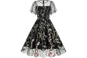 IWEMEK Women Keyhole Floral Embroidery Dress Sheer Mesh Illusion Vintage Cocktail Swing Dress Wedding Party Prom Tulle Evening Dress