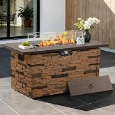 PIZZELLO 43 Inch Outdoor Firepit Table 50,000 BTU Propane Gas Fire Pit | Rectangle Stone Fire Table with Glass Wind Guard, Rain Cover, Fire Stones and Removable Lid, CSA Certified (Brown)