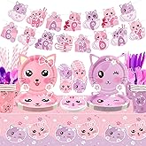 Cat Birthday Party Supplies Set, Kitten Tableware Includes Happy Birthday Banner, Plates, Tablecloth, Cups, Knives, Forks, Spoons and Straws for Kids Cat Party Decorations, Serves 20 Guest (A)