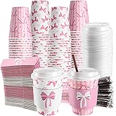 Jingmore 50 Set Pink Bow Coffee Cups with Lids, Straws and Sleeves Pink Bowknot Disposable Drinking Cup for Wedding Coquette Birthday Baby Shower Bachelorette Party Supplies (12 oz)