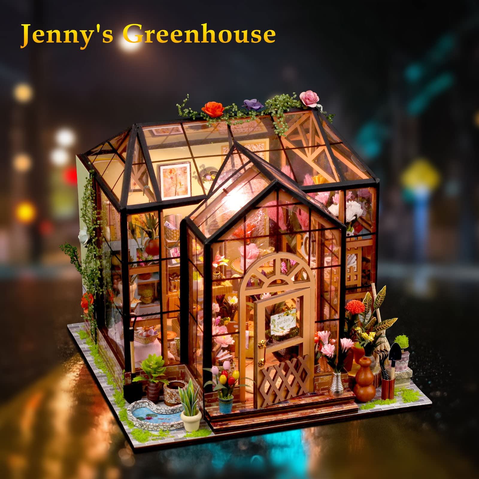 GuDoQi DIY Miniature Dollhouse Kit, Tiny House with Furniture, 1:24 Scale, Handmade Gift for Birthday Easter Day, Jenny Greenhouse Flower Shop