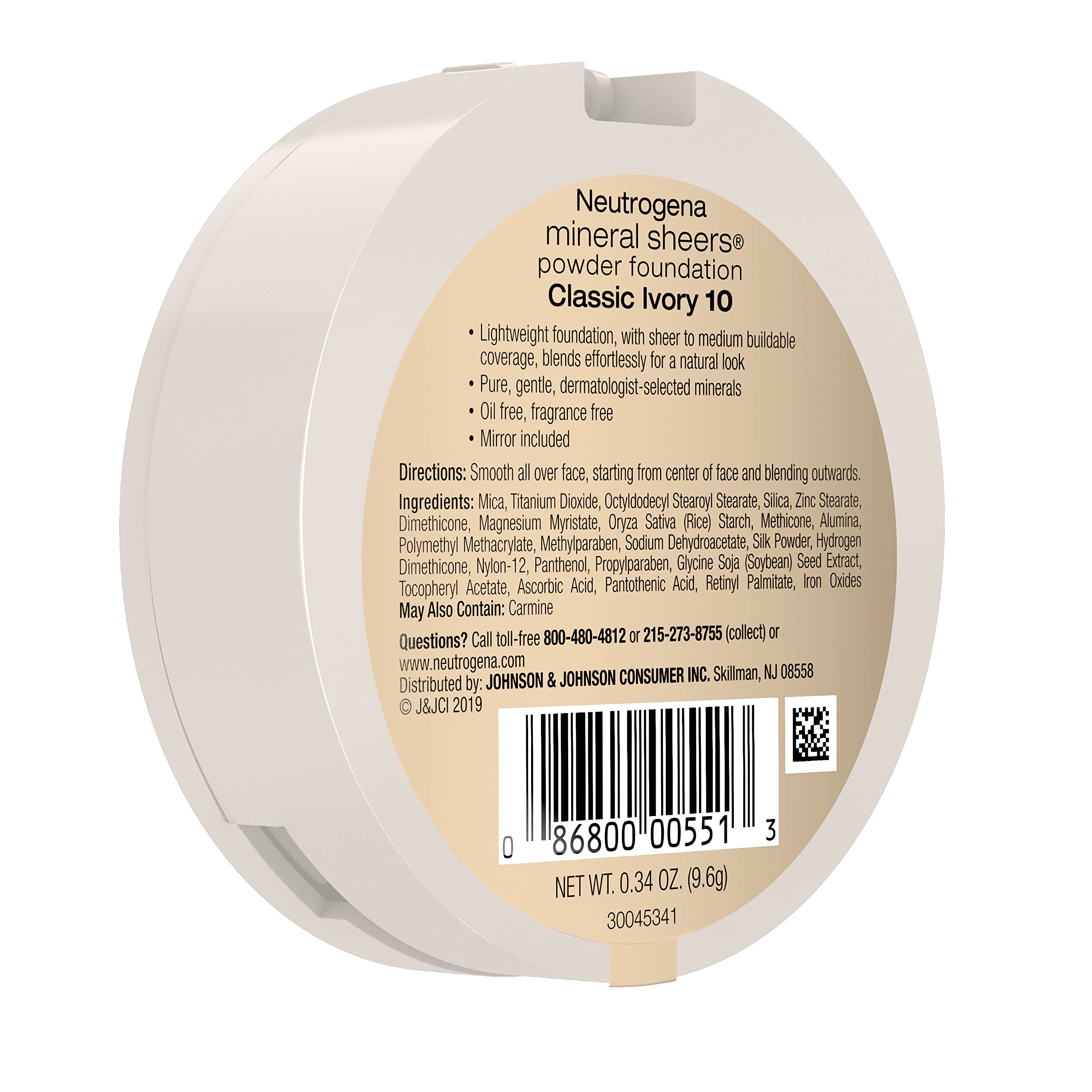Neutrogena Mineral Sheers Compact Powder Foundation, Lightweight & Oil-Free Mineral Foundation, Fragrance-Free, Classic Ivory 10,.34 oz (Pack of 2)