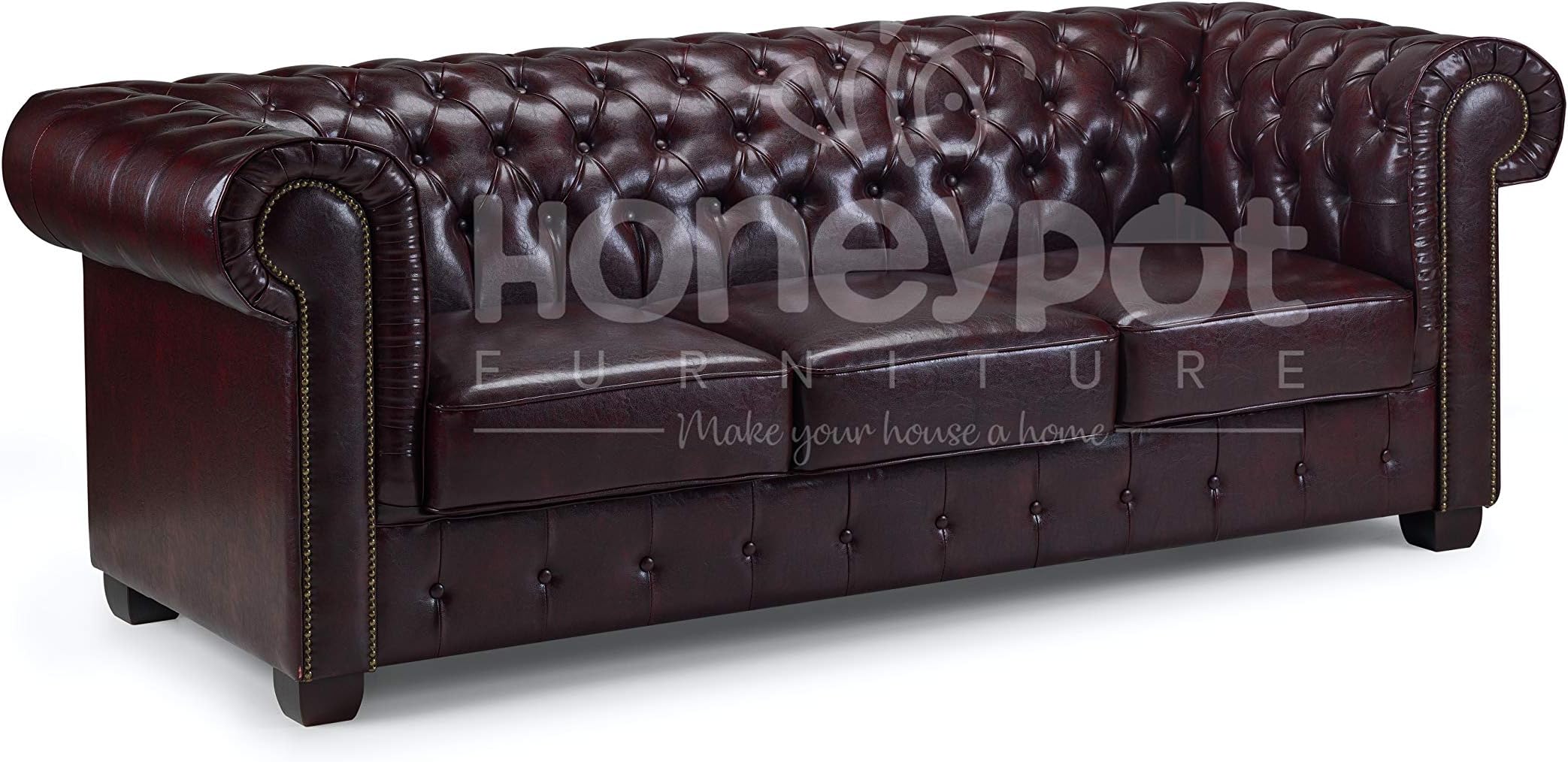 Honeypot - Chesterfield - 3 Seater - 2 Seater - Armchair - Bonded Leather - Antique Brown - Oxblood Red (Antique Brown, 3 Seater)