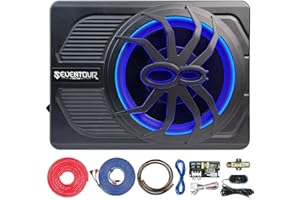 SEVENTOUR 800W 10" Slim Under Seat Powered Car Subwoofer, Car/Truck Audio Sub Built in Amplifier with Blue LED Ambient Light (ST800)