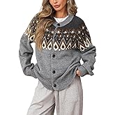 Women's Chunky Sweater Cardigan Crew Neck Long Sleeve Button Fron Fair Isle Christmas Sweater Coats