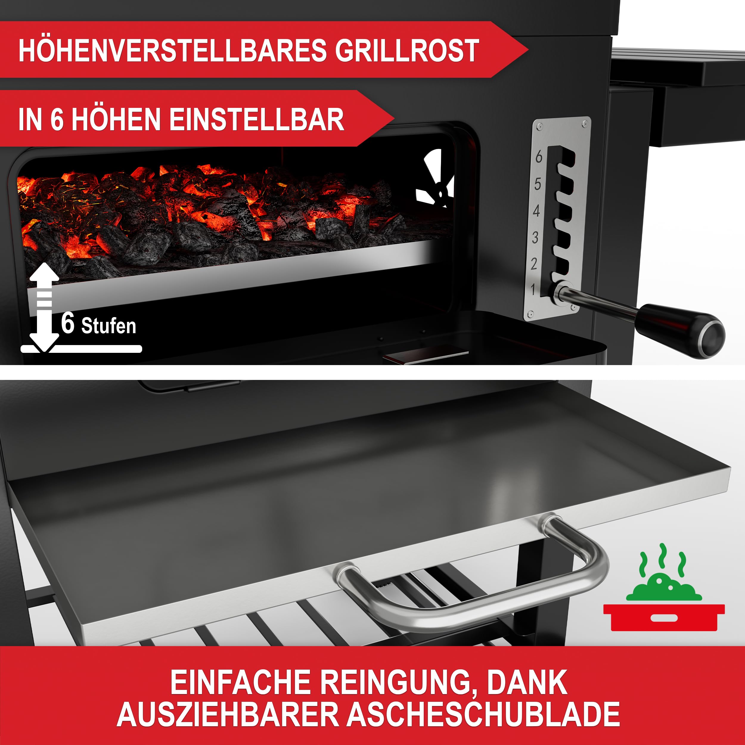 ONBEST Holzkohlegrill mit Grillrost aus Gusseisen – PLUS Abdeckung - XXL BBQ Grill mit Deckel – mobiler Grillwagen mit klappbaren Ablagen – Grillrostverstellung –Thermometer – Flaschenöffner 4
