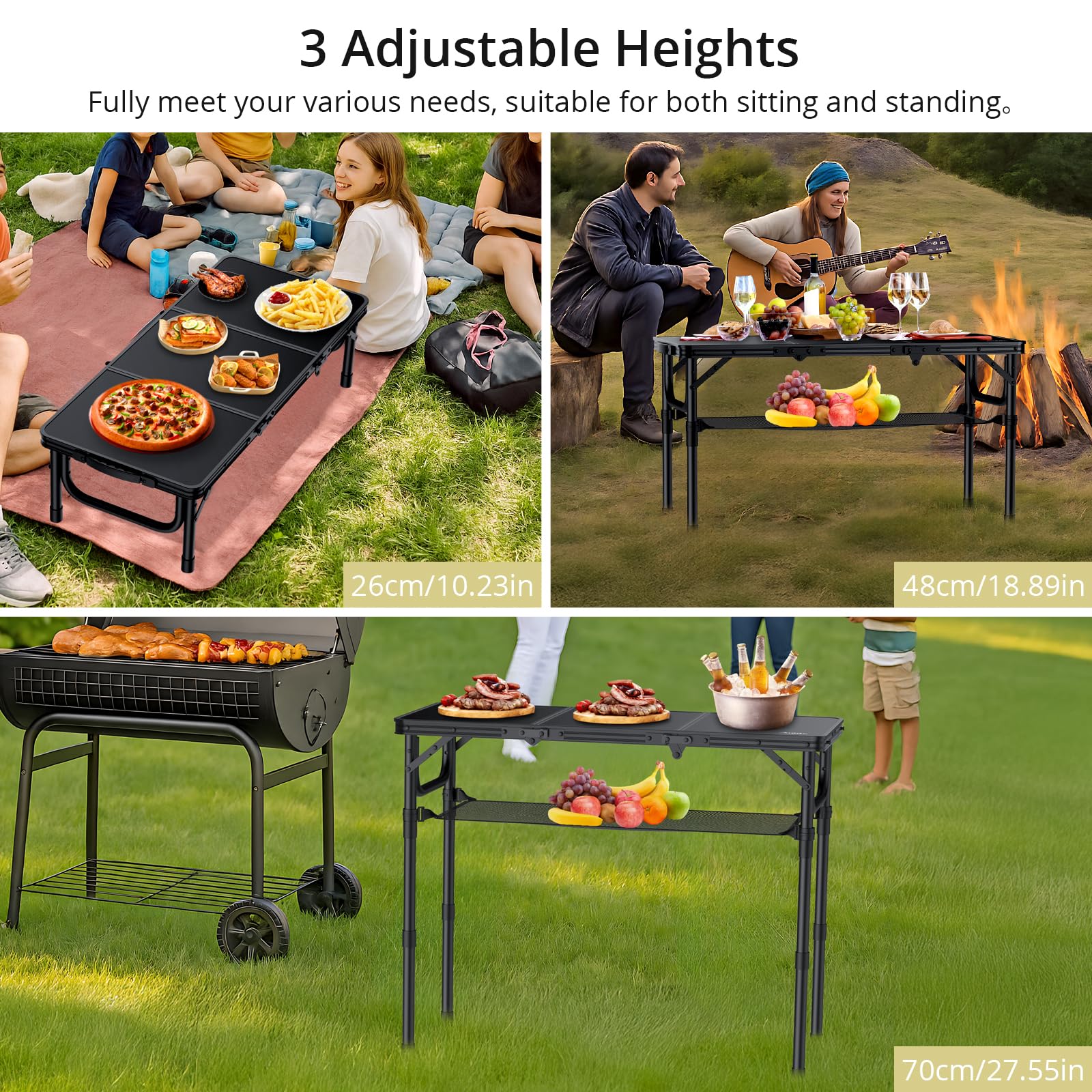 Folding Camping Table with Storage Net, 3ft Camping Table Aluminum Folding Table with 3 Adjustable Height Max 27.5 Inch Picnic Table Portable Table for Outdoor Backyard BBQ, Pure Black