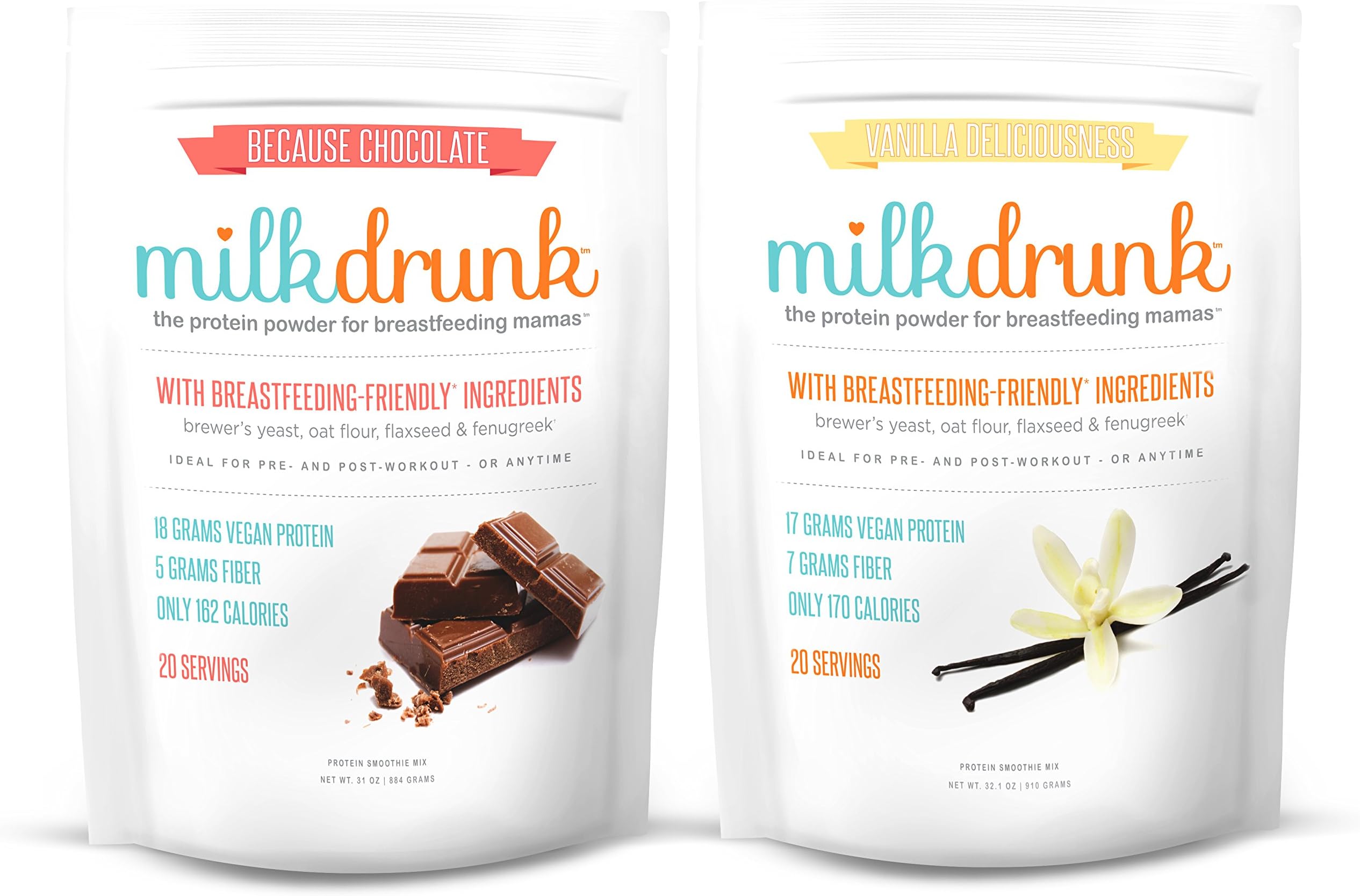 Milk Drunk Duo - Chocolate & Vanilla Protein Powder for Breastfeeding Mamas - 40 Servings Vegan Protein, Lactation-Boosting Protein & Fiber - Oat Flour, Flax, Brewer's Yeast, Fenugreek
