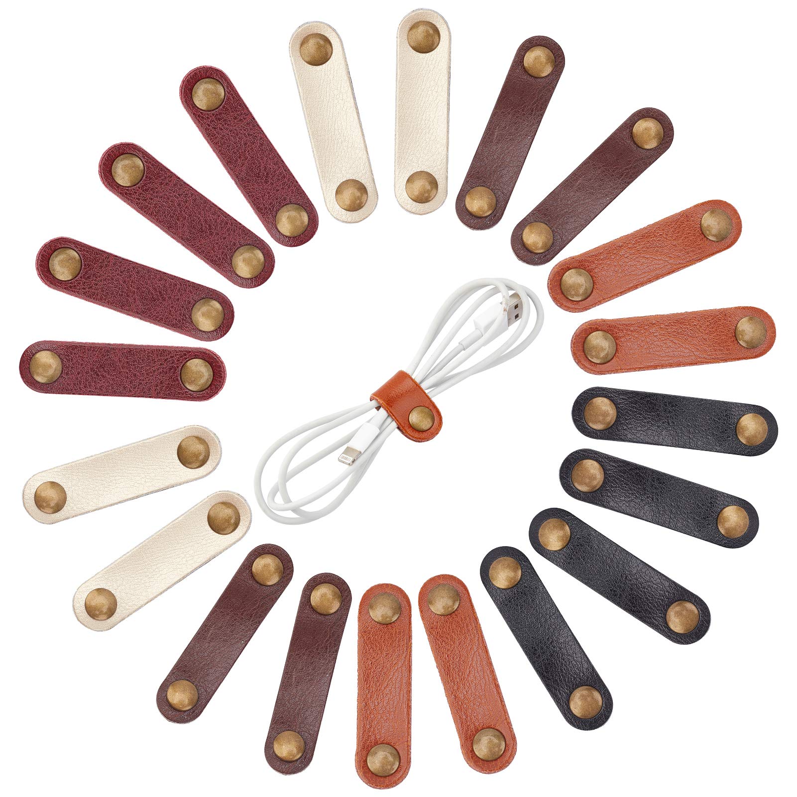 GORGECRAFT 20Pcs Leather Cable Straps Cable Ties Organizers Power Cord Management Reusable Tidy Wrap Hook and Loop Fastening Wire Wrap Ties for USB Headphone Wires, Short Straps — image 1