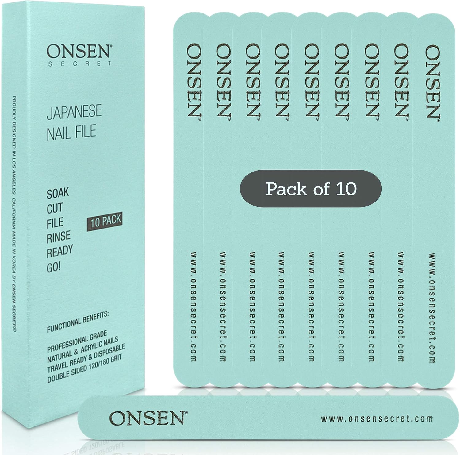 Onsen Secret Japanese Nail File, Professional 10-Pack Nail Files, Double Sided Natural & Acrylic Nail Filers, 120/180 Grit