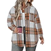 ForHailey Plus Size Plaid Shacket Jacket for Women Long Sleeve Button Down Blouses Flannel Shirts Casual Coats XL-5XL